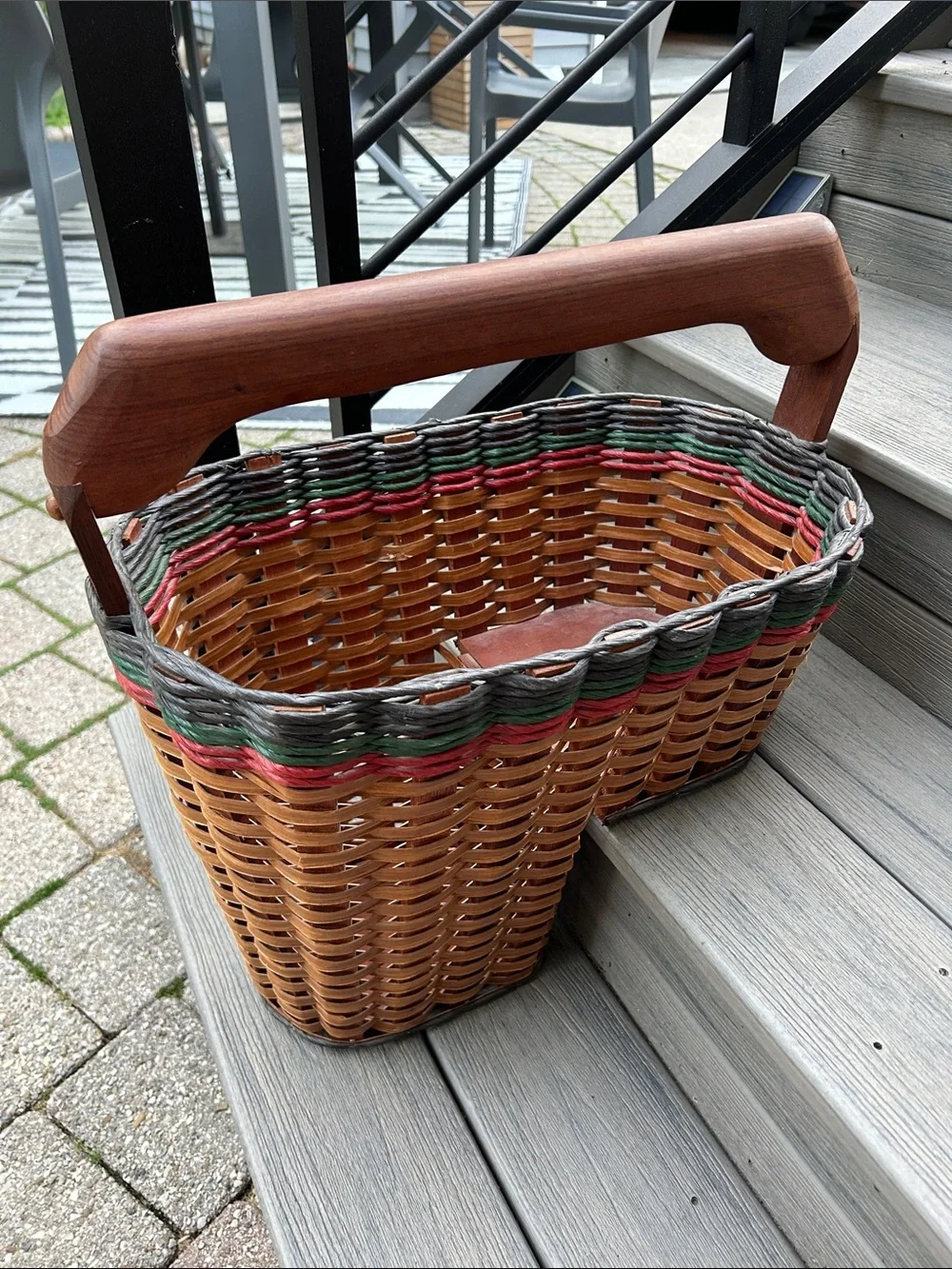 Vintage Foxcreek Stair Step Basket featuring a prominent solid mahogany handle